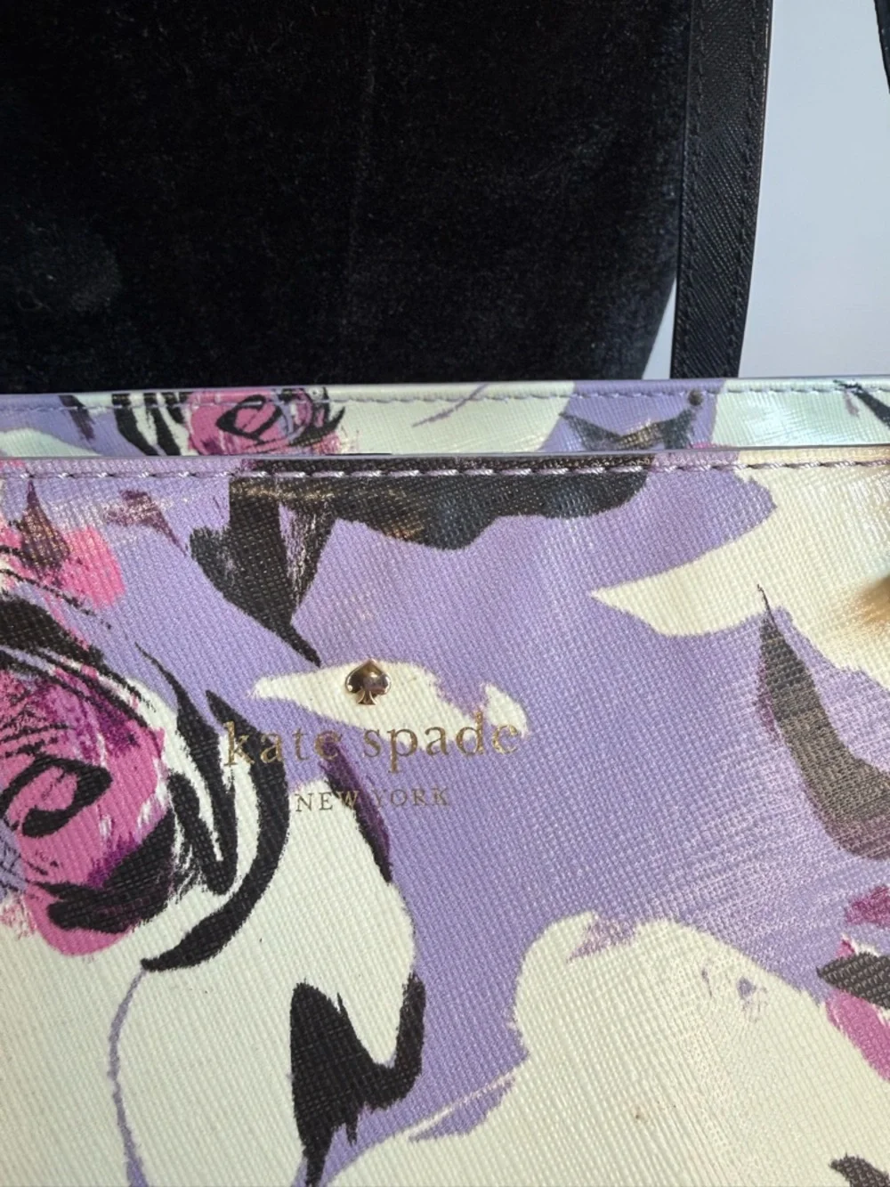 Kate Spade Floral Tote Cream Purple Leather Shoulder Bag Large Chic